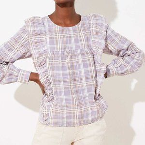 New Loft Womans size 14 plus Plaid Ruffle Cropped Blouse flounce top